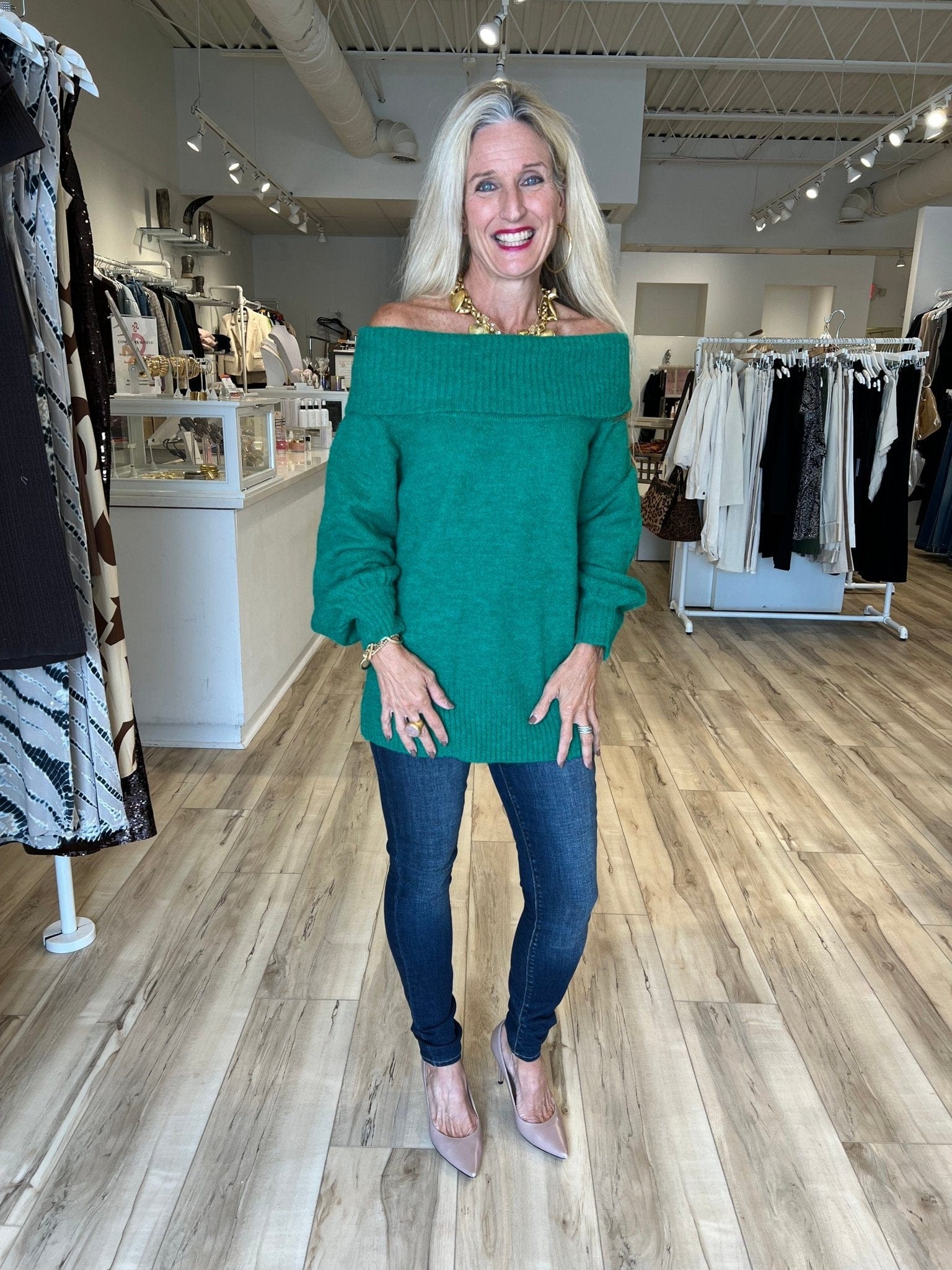 CSS - Ember Green Off The Shoulder Sweater